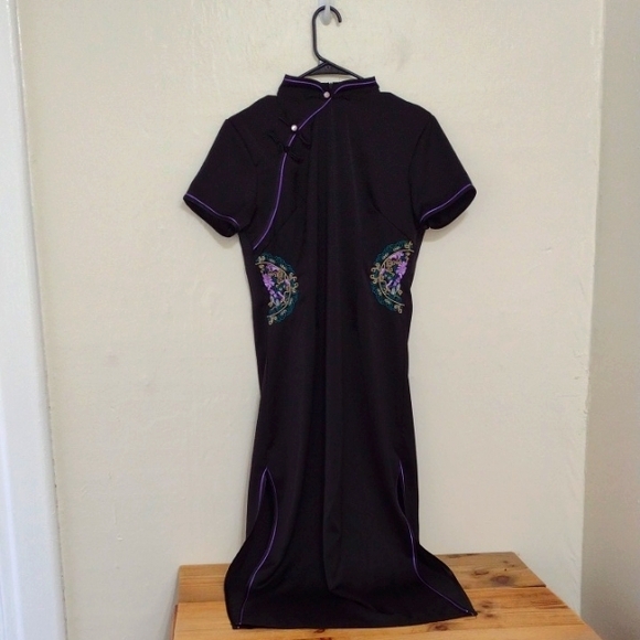 Modern Asian Black Silky Full Length Cheongsam Dress Size XL - Picture 3 of 13